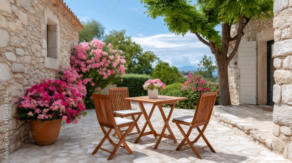 Obraz premium Stone house patio with wooden outdoor furniture and blooming bougainvillea