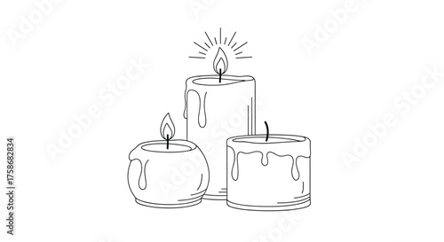 Three burning candles with melting wax and flickering flames.