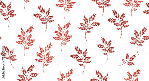 Seamless pattern of stylized red leaves on a white background.