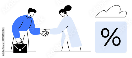 Two professionals shaking hands symbolizing partnership near percentage graphic and cloud. Ideal for collaboration, agreement, finance, team building, business growth, networking, and negotiation