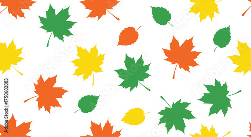 Autumn leaves in warm colors falling on a white background.