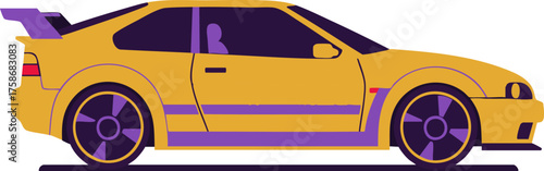 Yellow sports car with purple accents speeding along a dark background design
