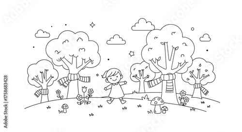 A whimsical scene of children playing outdoors among trees and clouds.