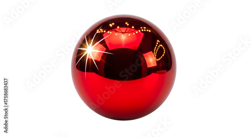 Single Shiny Red Christmas Ornament with Reflection on White Background