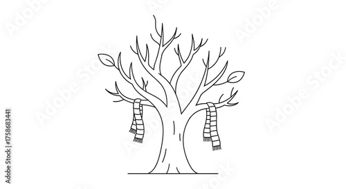 A whimsical drawing of a bare tree with unique swings hanging from its branches.