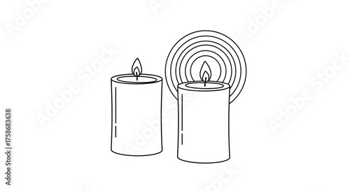 Two lit pillar candles with a concentric circle pattern behind one of them.