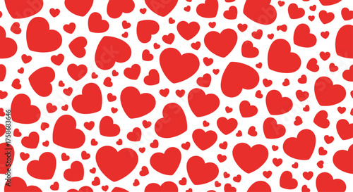 A delightful pattern composed of many small and large red hearts scattered across a white background.
