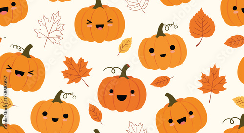 Cute cartoon pumpkins and fall leaves seamless pattern.