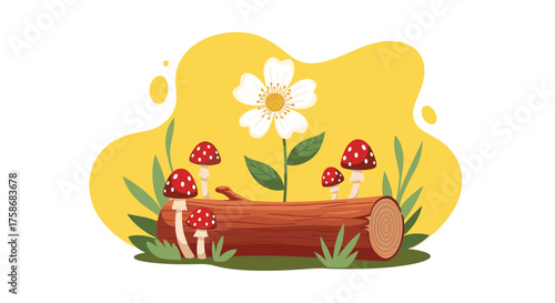 A lone white flower blooms atop a fallen log surrounded by small red mushrooms and green foliage.
