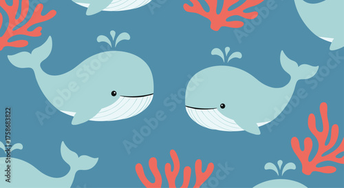 Cute cartoon whales and coral pattern on a blue background.