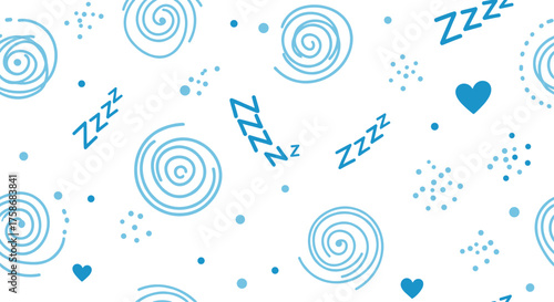 Cute blue sleepy swirly doodle hearts and stars background pattern.