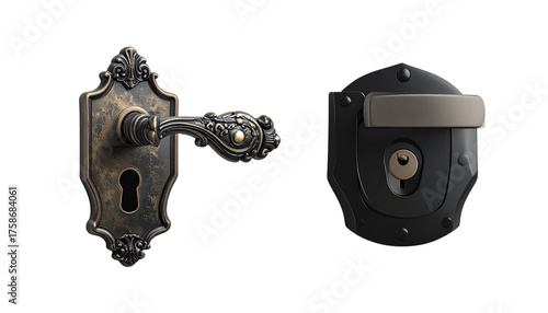 Modern and Classic Door Handles – Two Keyhole Designs Isolated on Transparent Background