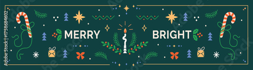 Festive Christmas Greeting Banner with \"Merry & Bright\" Text and Decorative Elements
