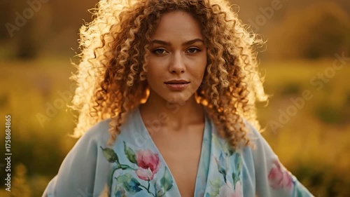 Woman with Curly Hair Enjoying Nature and Sunlight.