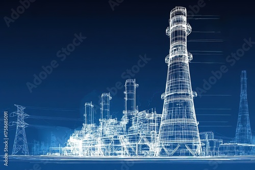 Modern power plant with cooling towers and energy infrastructure shown in detailed blueprint style against a blue background