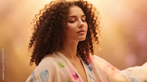 Woman with curly hair enjoying the sun with eyes closed.