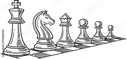 A line drawing illustration of six chess pieces a pawn, rook, queen, king, bishop, and knight, arranged in a row. The pieces are depicted in a detailed, hand-drawn style with hatching and cross-hatchi