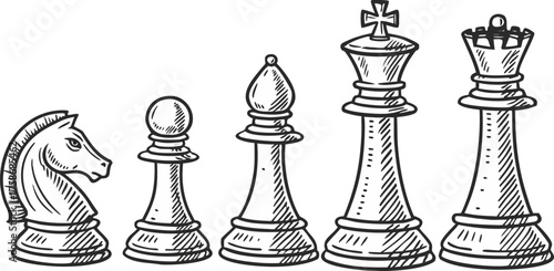 A line drawing illustration of six chess pieces a pawn, rook, queen, king, bishop, and knight, arranged in a row. The pieces are depicted in a detailed, hand-drawn style with hatching and cross-hatchi