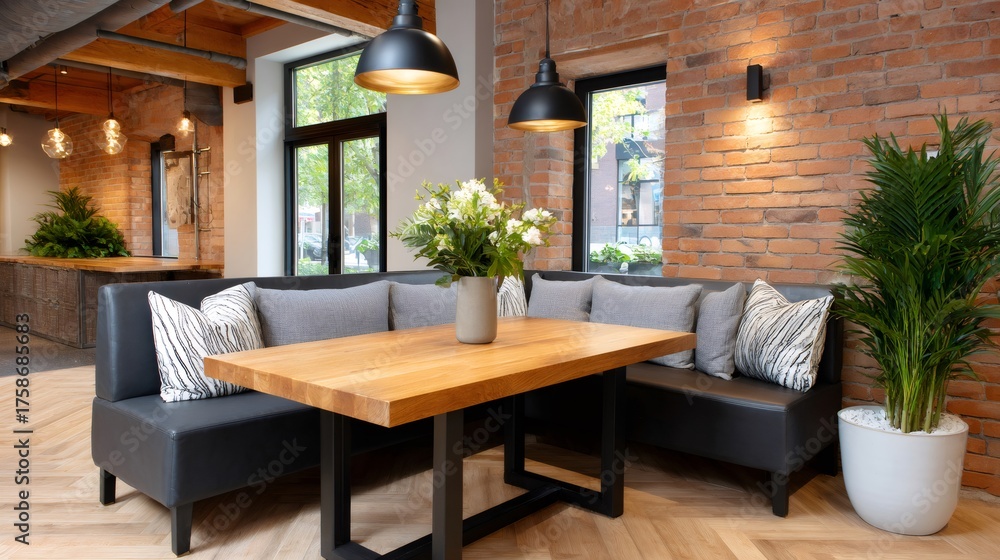 Fototapeta premium Industrial modern restaurant cafe interior design with brick wall