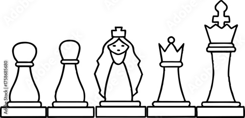A line drawing illustration of six chess pieces a pawn, rook, queen, king, bishop, and knight, arranged in a row. The pieces are depicted in a detailed, hand-drawn style with hatching and cross-hatchi
