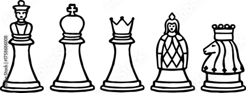 A line drawing illustration of six chess pieces a pawn, rook, queen, king, bishop, and knight, arranged in a row. The pieces are depicted in a detailed, hand-drawn style with hatching and cross-hatchi