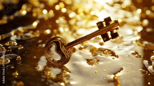 Golden key resting on shimmering liquid surface