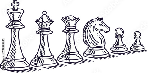 A line drawing illustration of six chess pieces a pawn, rook, queen, king, bishop, and knight, arranged in a row. The pieces are depicted in a detailed, hand-drawn style with hatching and cross-hatchi