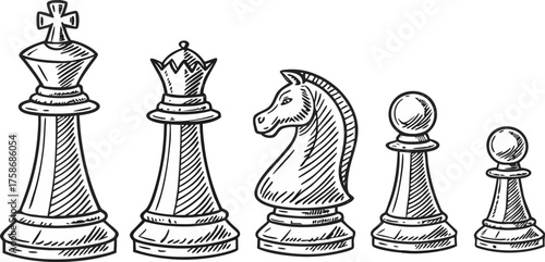 A line drawing illustration of six chess pieces a pawn, rook, queen, king, bishop, and knight, arranged in a row. The pieces are depicted in a detailed, hand-drawn style with hatching and cross-hatchi
