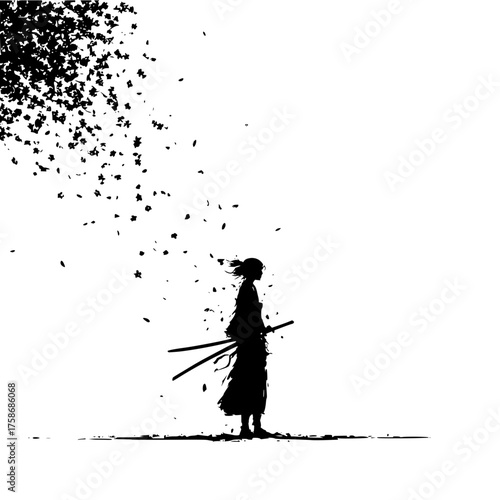 Samurai warrior silhouette with falling leaves black and white japanese art katana swordsman bushido code drawing