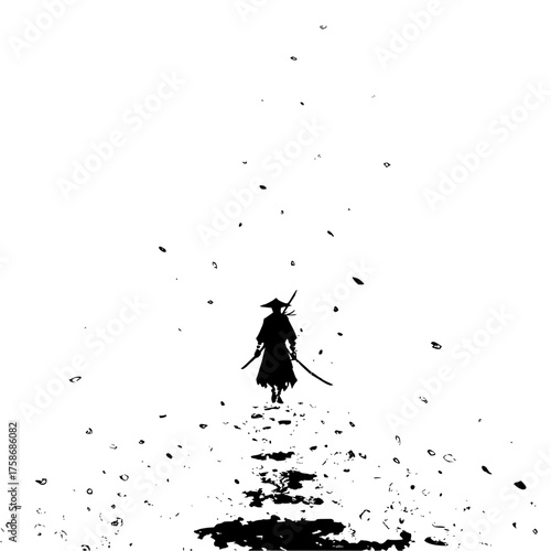Silhouette samurai warrior art print poster design japanese katana swordsman illustration black and white artwork