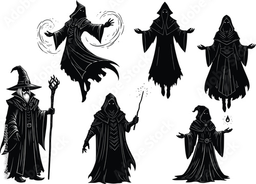 Black wizard and magician silhouette collection, fantasy sorcerer vector illustration set with wand, magic spell, cloak, and mystical energy character design