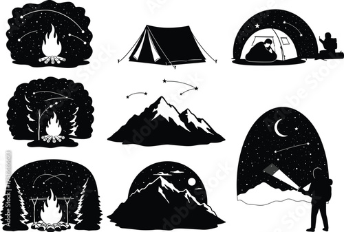 Camping and mountain adventure vector illustration, campfire under starry night sky, traveler with flashlight, tent and forest nature exploration design collection