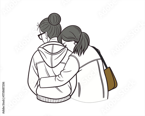A simple line drawing of two women sharing a moment of comfort and support, one with her arm around the other
