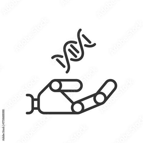 robot hand holding DNA chain clip art icon symbol, science and artificial intelligence concept, futuristic technology, genetic research, isolated thin line vector illustration