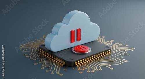 Cloud computing concept with pause symbol on computer chip