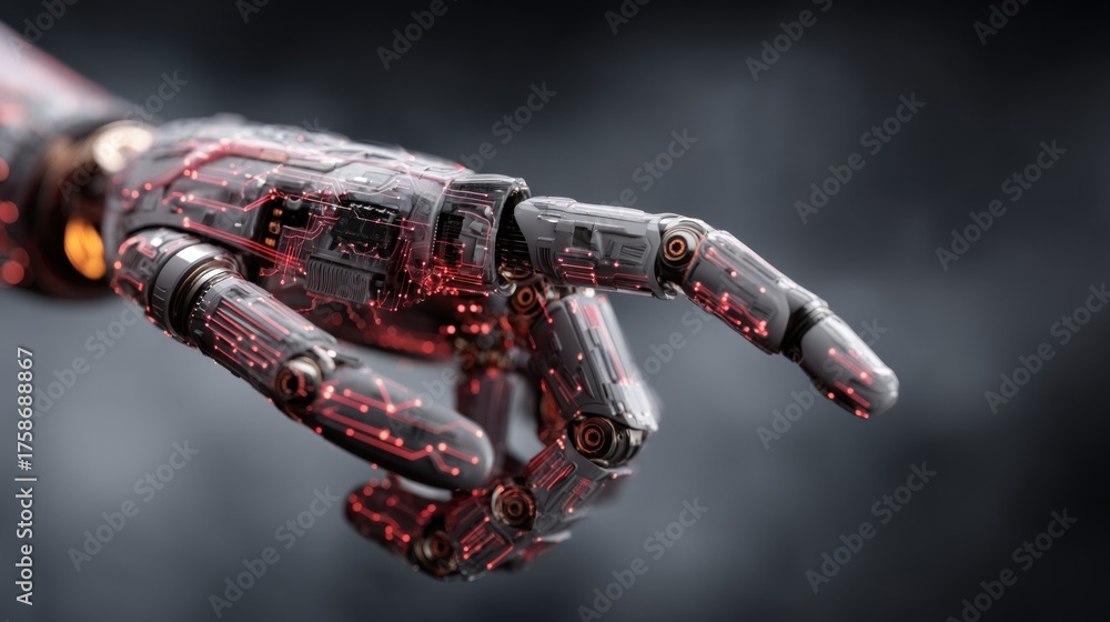 Naklejka premium A futuristic robotic hand with intricate circuitry and glowing elements, symbolizing advancements in technology and artificial intelligence.
