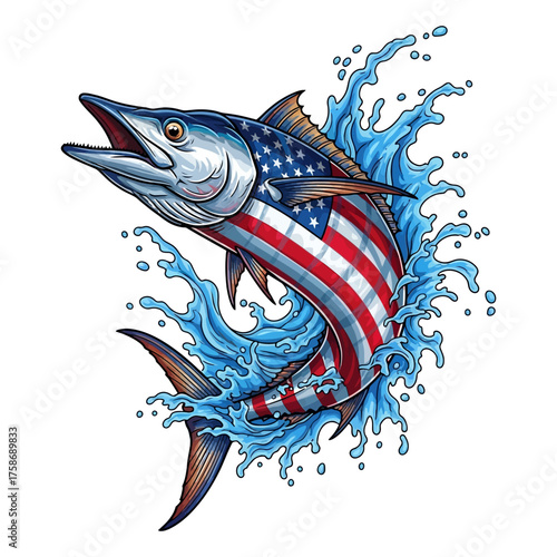 American flag design on wahoo fish vector art for saltwater fishing theme