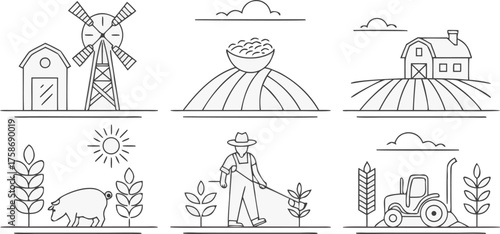 “a set of minimalist line-art farm and agriculture icons, including windmill, farmer with shovel, rice bowl, corn, irrigation system, sack of seeds, wheat, grain silo, cow, sheep, tractor, barn, pig, 