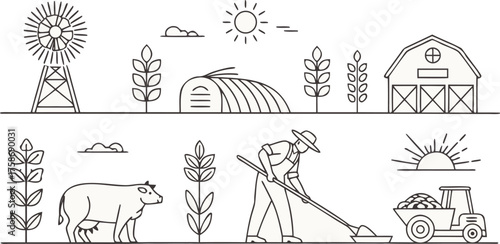 “a set of minimalist line-art farm and agriculture icons, including windmill, farmer with shovel, rice bowl, corn, irrigation system, sack of seeds, wheat, grain silo, cow, sheep, tractor, barn, pig, 