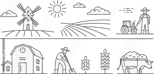 “a set of minimalist line-art farm and agriculture icons, including windmill, farmer with shovel, rice bowl, corn, irrigation system, sack of seeds, wheat, grain silo, cow, sheep, tractor, barn, pig, 