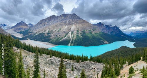 view of the mountains on the background of Peyto lake along the Icefields parkway road, Canada 