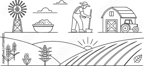 “a set of minimalist line-art farm and agriculture icons, including windmill, farmer with shovel, rice bowl, corn, irrigation system, sack of seeds, wheat, grain silo, cow, sheep, tractor, barn, pig, 