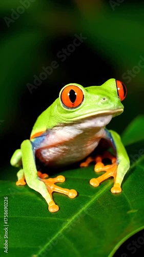 Vibrant red eyed tree frog perched on leaf in natural habitat