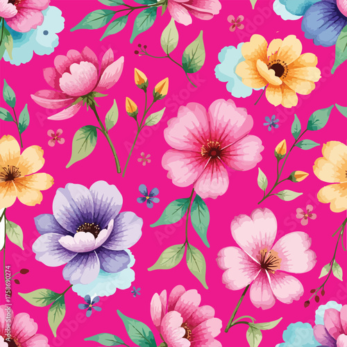 watercolor seamless floral pattern design with colourful flowers on pink background 