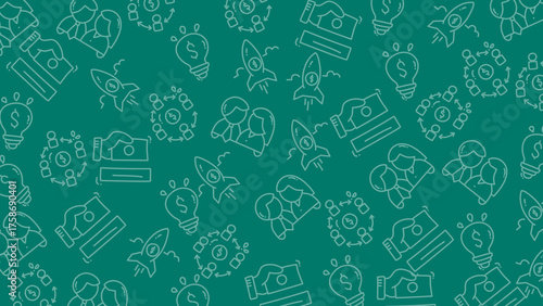 Modern seamless pattern with line art icons representing business, finance, teamwork, and startup concepts on a green background. Clean and professional design suitable for presentations, or web
