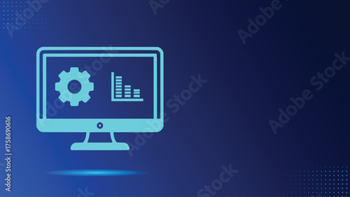 Desktop Monitor with Gear and Decreasing Bar Charts for System Performance Monitoring on Dark Background