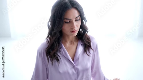 Young Woman Looking Down Thoughtfully in Soft Light.