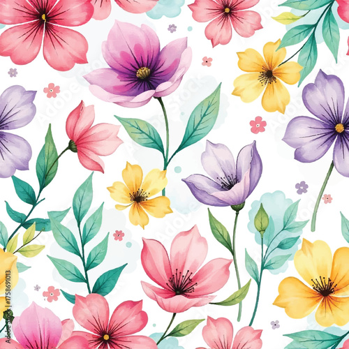 watercolor seamless floral pattern design with colourful flowers
