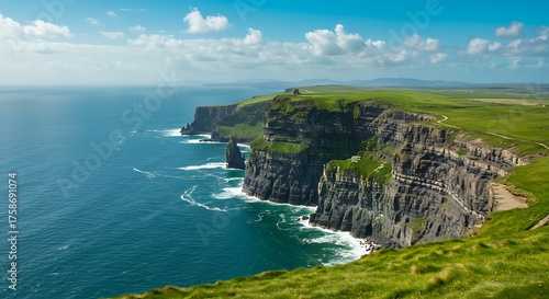 Coastal cliffs meet turquoise waters under a bright blue sky