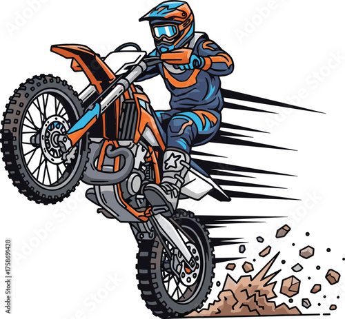 Off-Road Rider Wheelie Action – Extreme Sports Vector Design with Flying Dust